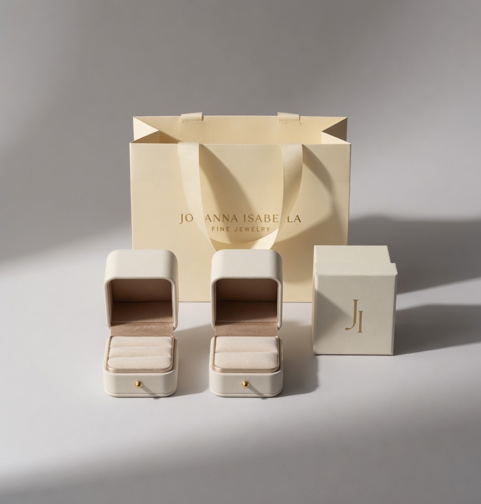 Custom cream jewelry packaging boxes and branded shopping bag